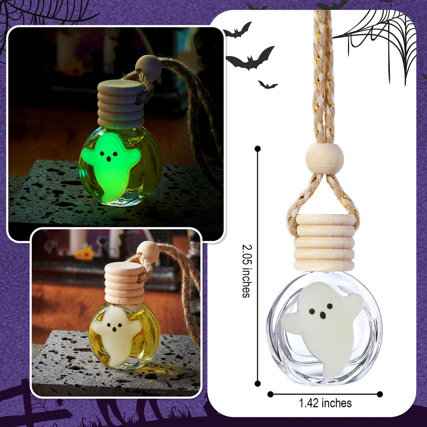 Sunnychicc 10 Pcs 10ml Ghost Car Hanging Air Freshener Diffuser Perfume Bottles with Glow in The Dark Skull Ghost Bat Pumpkin Spice Refillable Empty Glass Essential Oil Pendant for Car (Halloween)