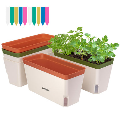 VIVOSUN Self-Watering Planters, 4-Pack 10.5 Inch Compact Rectangular Window Herb Planter Box with 10 PCS Plant Labels, Plant Container for Basil, Flowers, Succulents, Indoor & Outdoor