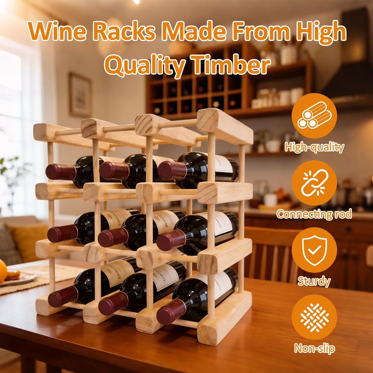 Petyoung 12 Bottle Stackable Wooden Wine Rack, Modular Wine Storage Rack with Rubber Hammer, Inside Cabinet and Countertop Wine Bottle Holder, Table Wine Organizer for Kitchen Restaurant Bar