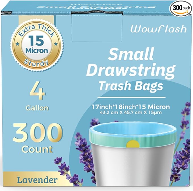 300 Count 15 Micron Extra Thick 4 Gallon Drawstring Small Trash Bags, Sturdy &