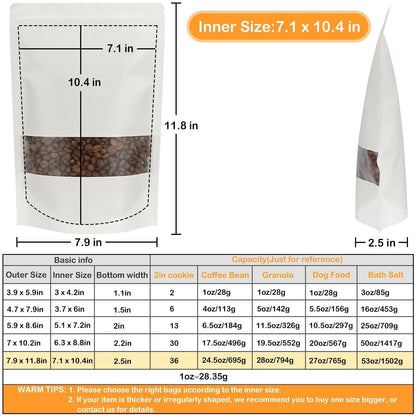 Blisstime 50 Pieces Resealable Bags for Small Business, White Kraft Paper Stand Up Pouches with Matte Window Reusable Heat Sealable Bags for Packaging (7.9 X 11.8 Inches)