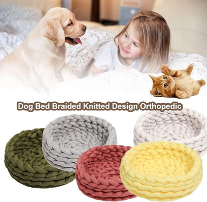 Woven Dog Bed Basket, Knitted Cotton Cat Bed Round Washable Woven Cat Pet Bed Chunky Dog Basket, Orthopedic, Chunky Knit Dog Nest,Dog Bed,Dog Cave,Dog Bedding(Green 1,19")