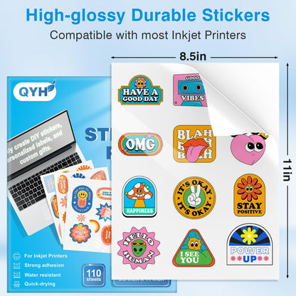 QYH Printable Vinyl Sticker Paper for Inkjet Printer - 110 Sheets Glossy White Waterproof Self-Adhesive Sticker Paper, 8.5"x11" Letter Size for Custom Decals, Labels & Crafts