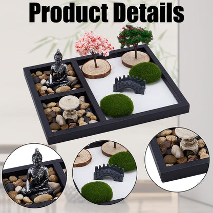 WEBEEDY Mini Zen Garden Kit for Desk, Japanese Mini Sand Box Set DIY Desktop Meditation Set Includes Sand, Buddha Statue & Rake for Home Office Desk Yoga Zen Decor Spiritual Gift, 8.5x6.8 Inch