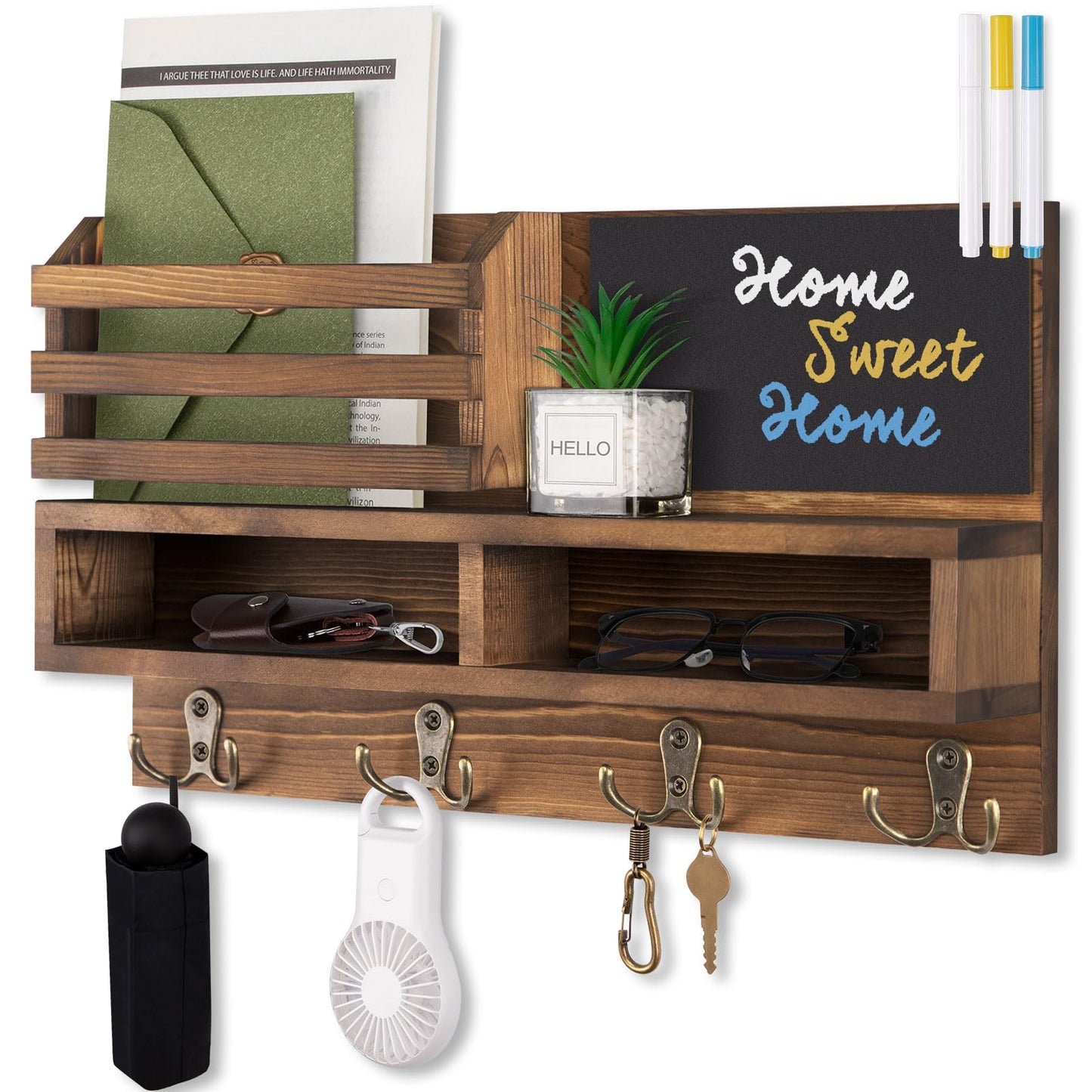 FIPUTE Key Holder for Wall, Wall Mounted Mail Holder Wooden with Shelf & 3 Liquid Chalks & Chalkboard, Mail Sorter Organizer, Rustic Home Decor (15.98”W x 9.1”H x 3.3”D), Burnt Brown