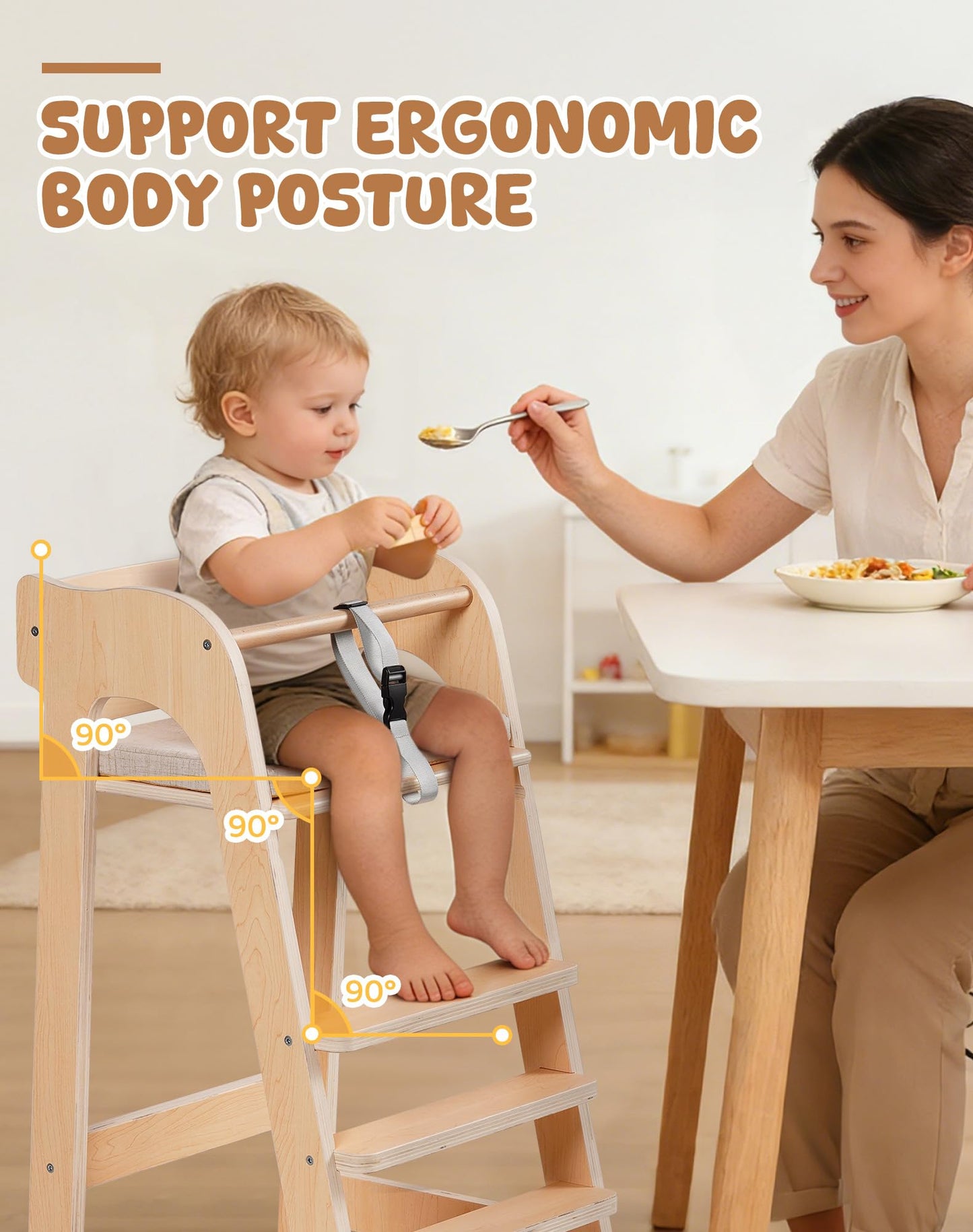 ROBUD Wooden High Chair for Toddlers, Highchair for Adjustable Seat Height & Footrest Levels, High Chairs for Babies and Toddlers with Removable Cushion for Nursery, Dining, Studying, Restaurant,WG419