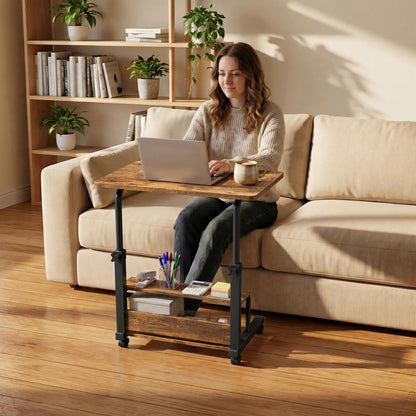 WINAZ C Shaped Rolling Laptop Desk - 32" Rustic Brown Mobile Portable Small Desk with Wheels for Small Spaces, Height Adjustable Overbed Table with 2-Tier Storage Shelves