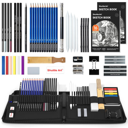 Shuttle Art 52 Pack Drawing Pencils Set, Professional Art Kit with Graphite Charcoal Sticks, Drawing Pad in Portable Case, Ideal for Kids and Adults Artists