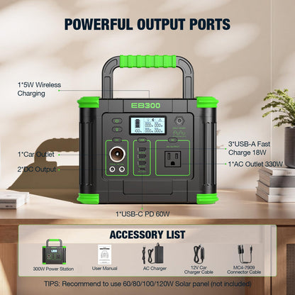 Portable Power Station 330W, 288.6Wh Solar Generator with 60W USB-C PD Output, 110V Pure Sine Wave AC Outlet, 5W Wireless Charging, 330W Backup Lithium Battery for Outdoor Camping Travel Hunting Home