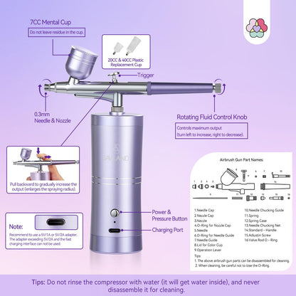 SAVILAND Pro Airbrush for Nails: 2026 Optimized 25 PSI for Flawless Nails Engineered for Flow-Locked Atomization & Steady Output 0.3mm DLC-Coated Nozzle, Dual-Charge Cordless for Uninterrupted Salon