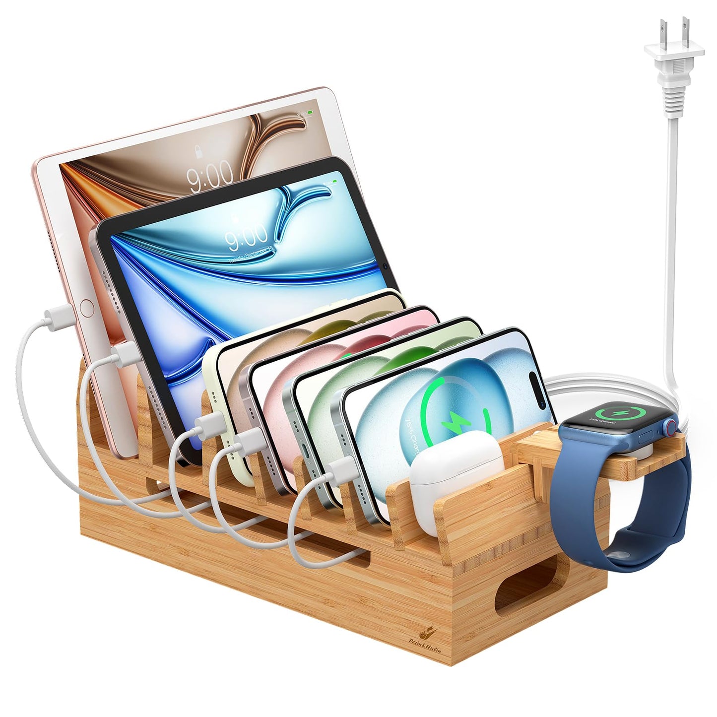 Pezin & Hulin Bamboo Charging Station with Watch Stand, Docking Holder for Multi Device with 5 Port USB Charger HUB, 5 Charge Cables, Desktop Electronic Organizer for Cellphone, Tablet, Watch