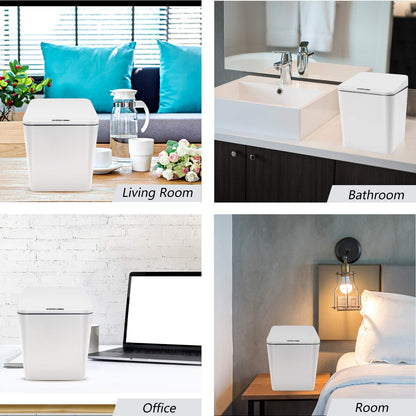 FEBHBRQ Automatic Small Countertop Trash Can, Rechargeable Mini Desktop Waste Bin with Lid for Office Desk/Bedside Table/Coffee Bar, White-1.5 Gal