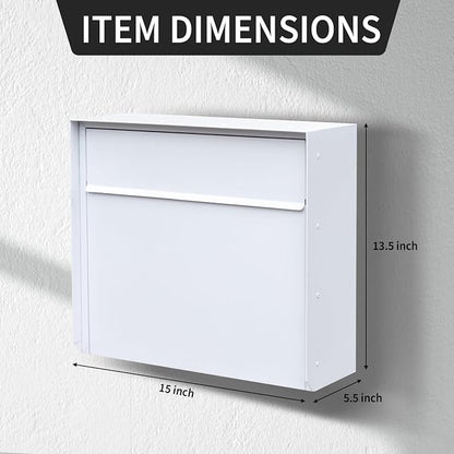 Wall Mount Mailbox for House Outside, Anti-Theft Locking Mailbox, Weatherproof Mailboxes 13.5" H x 15" L x 5.5" D, White