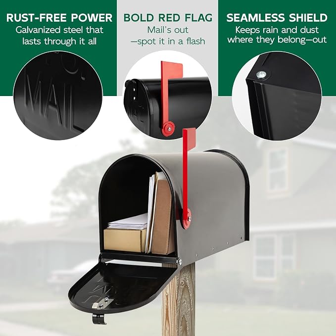 BlissBoard Mailboxes for Outside, Galvanized Steel Medium Black Metal Mailbox, 20 x 8.7 x 6.7 Inches