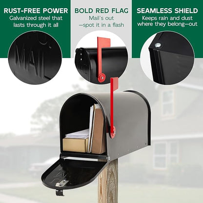 BlissBoard Mailboxes for Outside, Galvanized Steel Medium Black Metal Mailbox, 20 x 8.7 x 6.7 Inches
