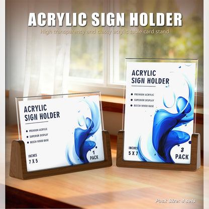 Walnut Wood U-Base 5"x7"Sign Holder Set – Premium U-Shaped Tabletop Display Stand with Clear Acrylic Panels,4Pack (3 Vertical + 1 Horizontal)5*7inches – Ideal for Photo, Menu, QR Code, Café, Home Décor