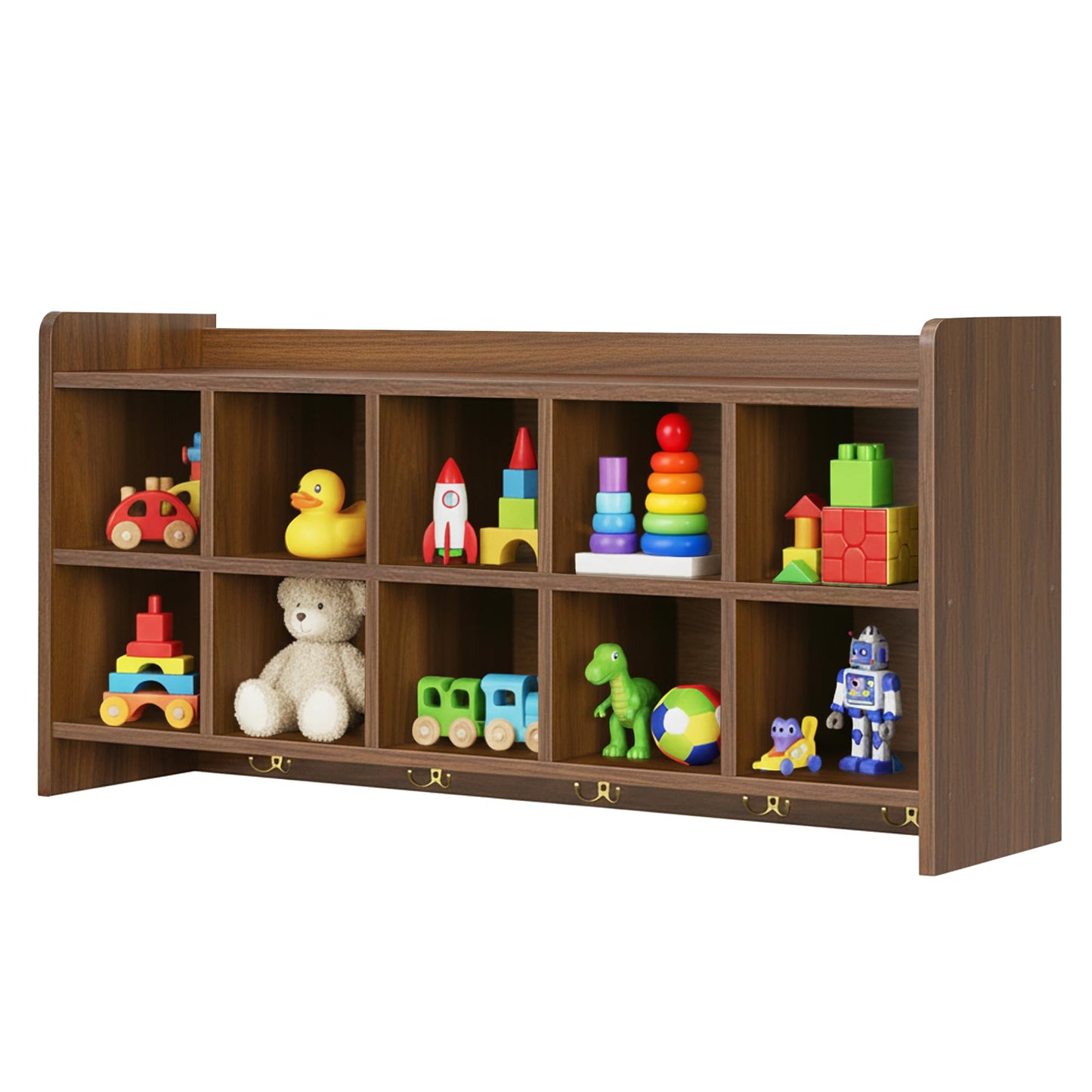 Verssure Wall Cubbies, 10 Cubby Storage Organizer with Coat Hooks, Cubbies for Classrooms,Wooden Cubby Shelf for Toys, Bags and Books, Used in School, Gym, Daycare Storge (Walnut)