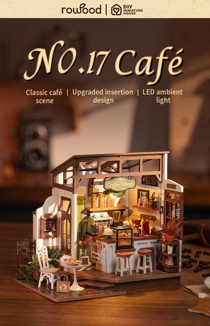 Rowood Coffee Miniature House Kit, Mother's Day DIY Miniature Dollhouse Kits for Adults to Build, Wooden Mini House Model Kits Adults Crafts with LED, Gift on Christmas Birthday for Family-NO.17 Cafe