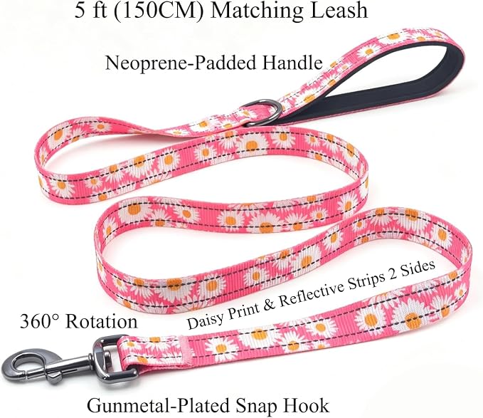 Dog Collar Leash Set, Floral Pattern, with Safety Reflective Strips, 5 ft Matching Leash, Neoprene Padded Handle, Adjustable 4 Sizes for Small Medium Large Dogs.(M, Pink Daisy)
