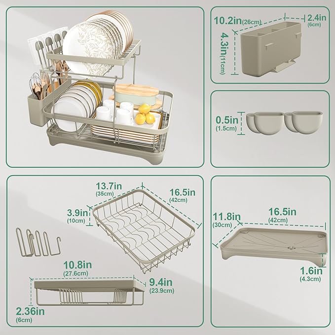 Dish Drying Rack, 2-Tier Dish Drying Rack with Utensil Holder – Large Capacity Auto-Draining Dish Drainer with Drainboard for Kitchen Counter, Grey