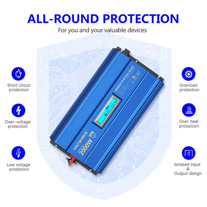 Power Inverter 2000w DC 12V to AC 120V ETL UL458 Compatible with Lithium Battery for Off-Grid Solar Car RV Truck Boat with LCD Display Remote Control 2 AC Outlets Dual 2.4A USB Ports by VOLTWORKS