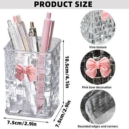 CCREDONE Acrylic Pen Holder for Desk, Clear Pencil Organizer Makeup Brush Cup Holders with Bow Back To School Accessories for Teachers Appreaction Present (Transparent)