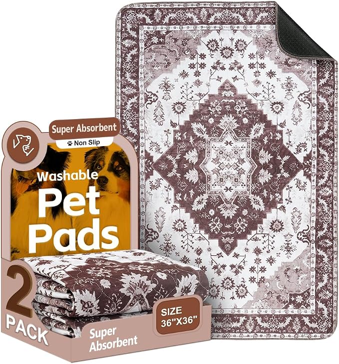 Washable Pee Pads for Dogs, 2 Pack Reusable Puppy Training Pads 36"x36" Super Absorbent Waterproof Dog Training Pads, Non-Slip Potty Pads, Whelping Pads Litter Mat Light Brown Medallion