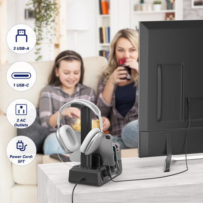 KDD Charging Station with 6 Charging Cables - Fast Charging 6 in 1 Cellphone Charging Dock with Headphone Stand and Watch Holder - 2 AC&USB A&USB C, Storage Station for Smartphone,Tablets, AppleWatch