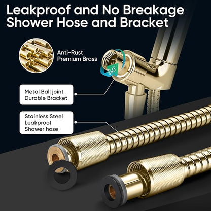 Cobbe 9-Function Shower Head with Built-in Power Spray, 1.8 GPM Water Saving ON/OFF Toggle Switch, High Pressure Handheld Showerhead with 1-Click Pause Button, Brass Bracket & 6ft Hose, Gold