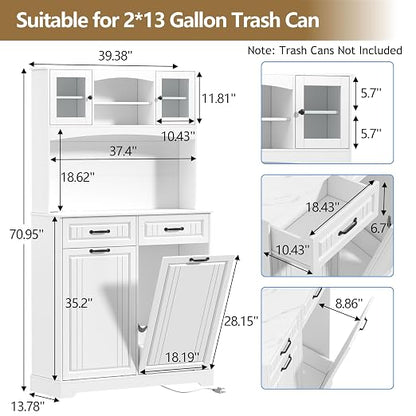 Double 13 Gallon Tilt Out Trash Can Cabinet with Deodorizing Function and Power Outlet, 71" Tall Wooden Garbage Can Holder Cabinet with 2 Storage Hutch & 2 Drawers for Kitchen and Dining Room, White