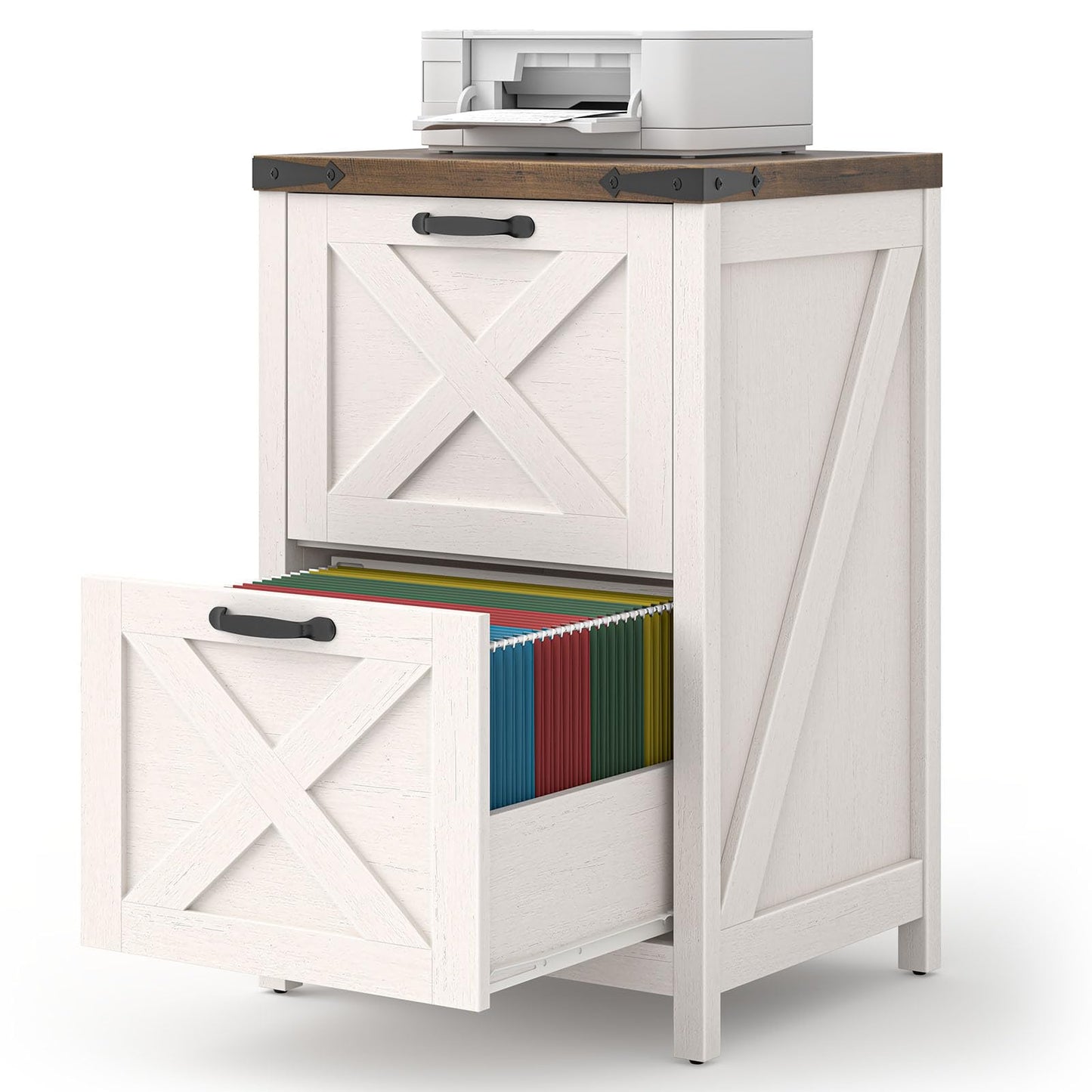 Halitaa Farmhouse File Cabinet, Vertical Under Desk Wooden Storage with 2 Drawers, Small Filing Cabinet Fits Letter and A4 Size for Home Office, Printer Stand, White and Brown