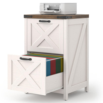 Halitaa Farmhouse File Cabinet, Vertical Under Desk Wooden Storage with 2 Drawers, Small Filing Cabinet Fits Letter and A4 Size for Home Office, Printer Stand, White and Brown