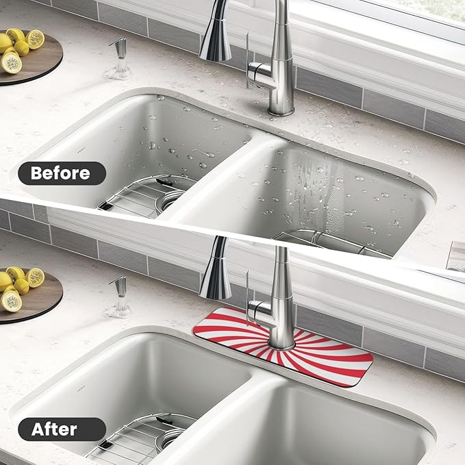 Christmas Red Swirl Peppermint Sugar Candy Kitchen Sink Splash Guard Faucet Mat