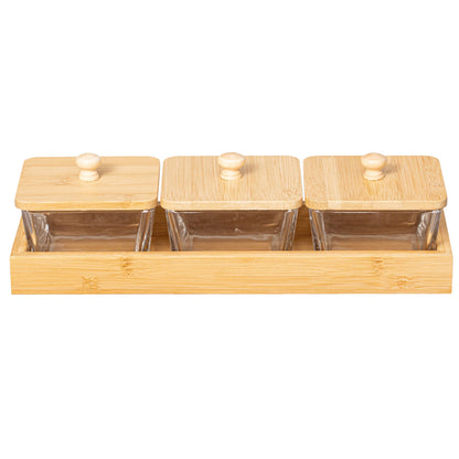 Basicwise Set of 3 Square Glass Jars with Bamboo Lids and Wooden Tray – Rectangular Charcuterie, Snack Organizer and Fruit Platter for Party, Candy Jars, Cookies, Nuts, Fruits and Snack Box