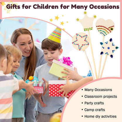 Pllieay Princess Fairy Wands Kit for Birthday Party Favors Decorations, Include 18 Pieces 6 Styles Unfinished Wooden Princess Wand and 4 Gem Stickers Princess Art Magical Show for Party Supplies
