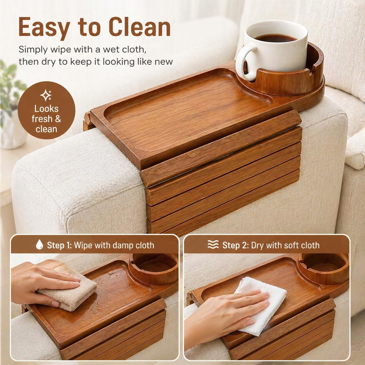 NSS ESSENTIALS Acacia Wood Couch Arm Tray Table with Cup Holder - Flexible Sofa Armrest Tray for Drinks, Snacks & Remote - Natural Wooden Sofa Side Table for Couch, Recliner & Armchair, Natural Wood