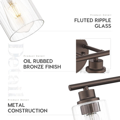 Emliviar 3-Light Vanity Light Fixture, Oil Rubbed Bronze, Fluted Ripple Glass, 23.5 Inch, Model YE295B-3W ORB