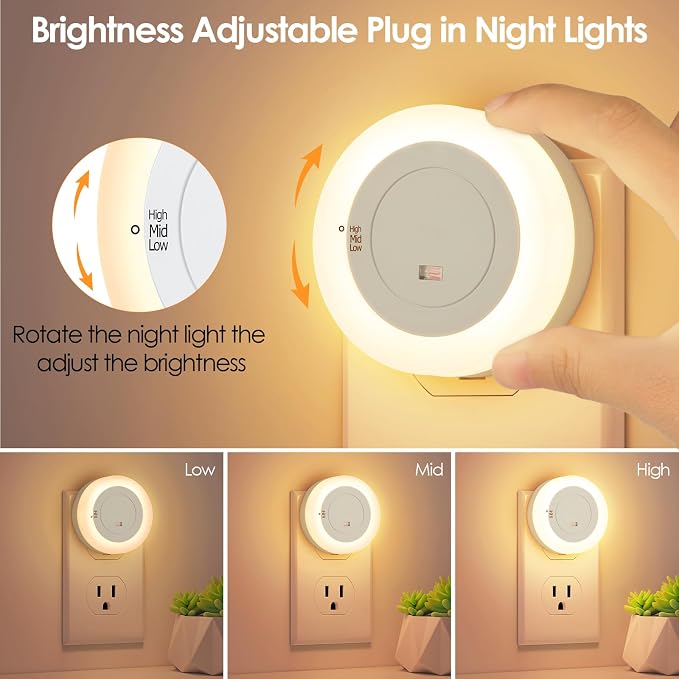 FOLKSMATE LED Night Lights Plug in, Dimmable Nightlight Plug Into Wall with Light Sensor, Soft White Adjustable for Adults, Bedroom, Bathroom, 4-Pack
