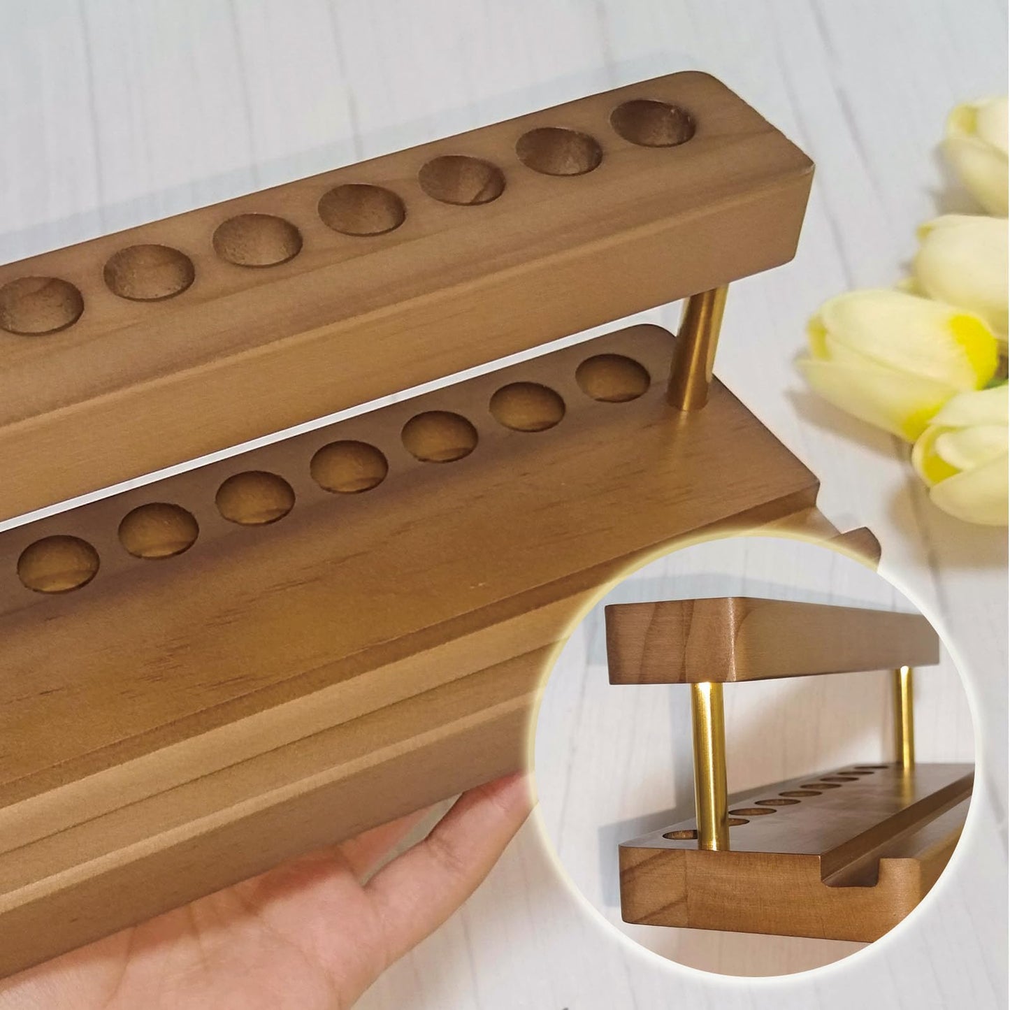 VOVCIG Multifunctional Wood Pen Holder for Desk,Fountain Pen Stand with 9 Slots and Phone Holder,for Office and Home Desk Decor