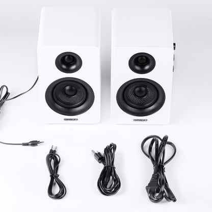 Sanyun SW208 3" Active Bluetooth 5.0 Bookshelf Speakers – 60W Carbon Fiber Speaker Unit - Built-in 24bit DAC Dynamic 3D Surround Sound 2.0 Computer PC Monitor Gaming (Pair, White)