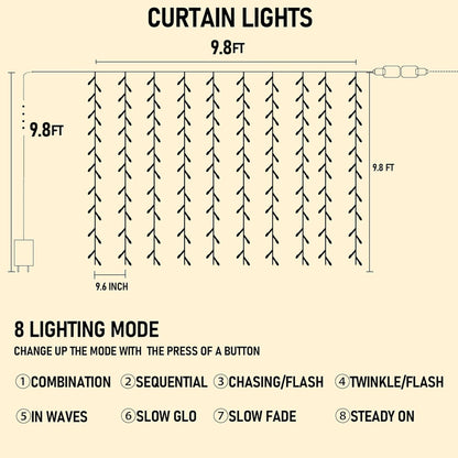 Dazzle Bright 300 LED Curtain String Lights, Connectable Waterproof, 8 Modes, Multicolor, Model CL-300CC
