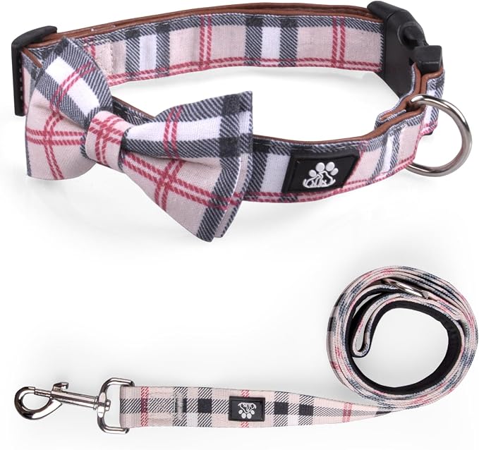 IVY&LANE Dog Collar with Bowtie and Leash Set | Plaid Adjustable Dog Collar | Detachable Bow Tie |5 FT Dog Leash | for Small Medium Large Dogs | Checkered Beige | Small