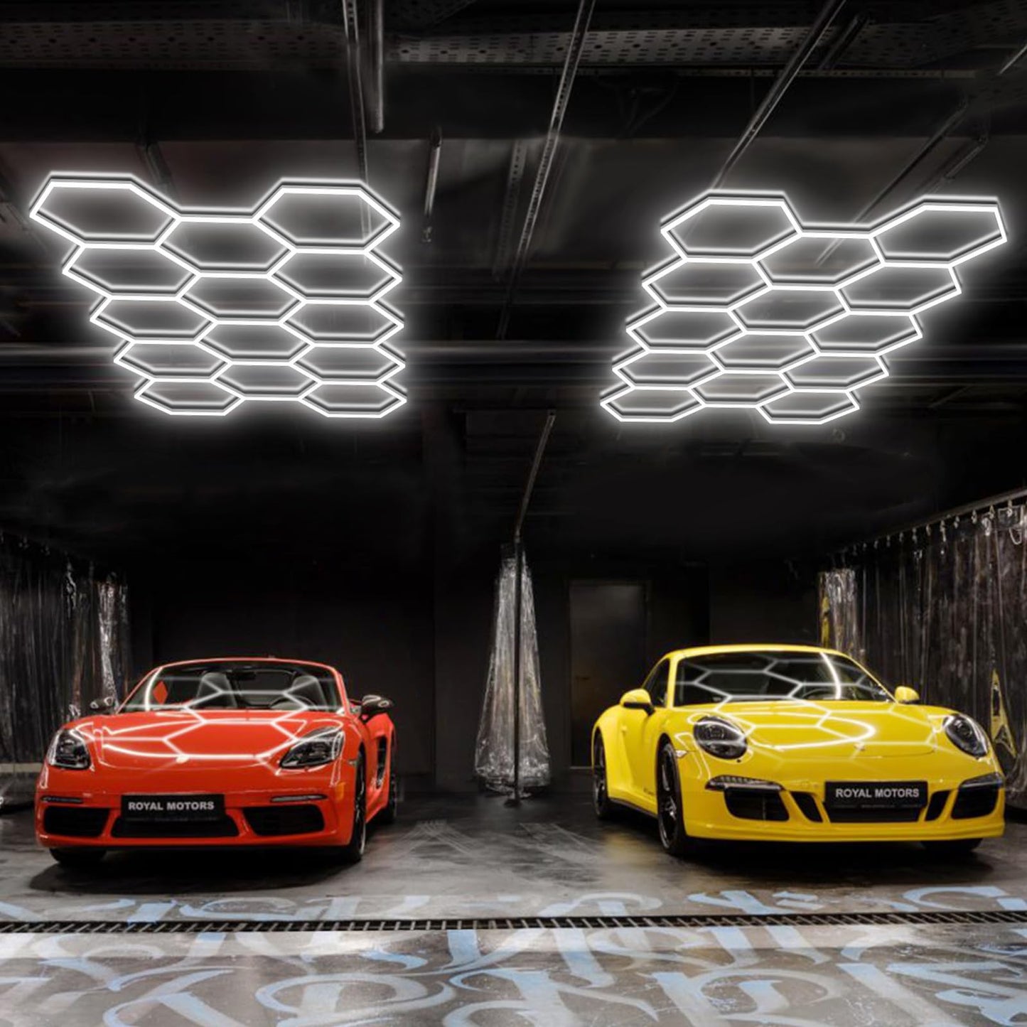 BRILLIHOOD Hexagon Garage Lights, LED Honeycomb Garage Lights, 456W, 54720LM, 6500K Super Bright, 14 Grid Systems Car Detailing Lighting for Warehouse Workshop Basement Gym
