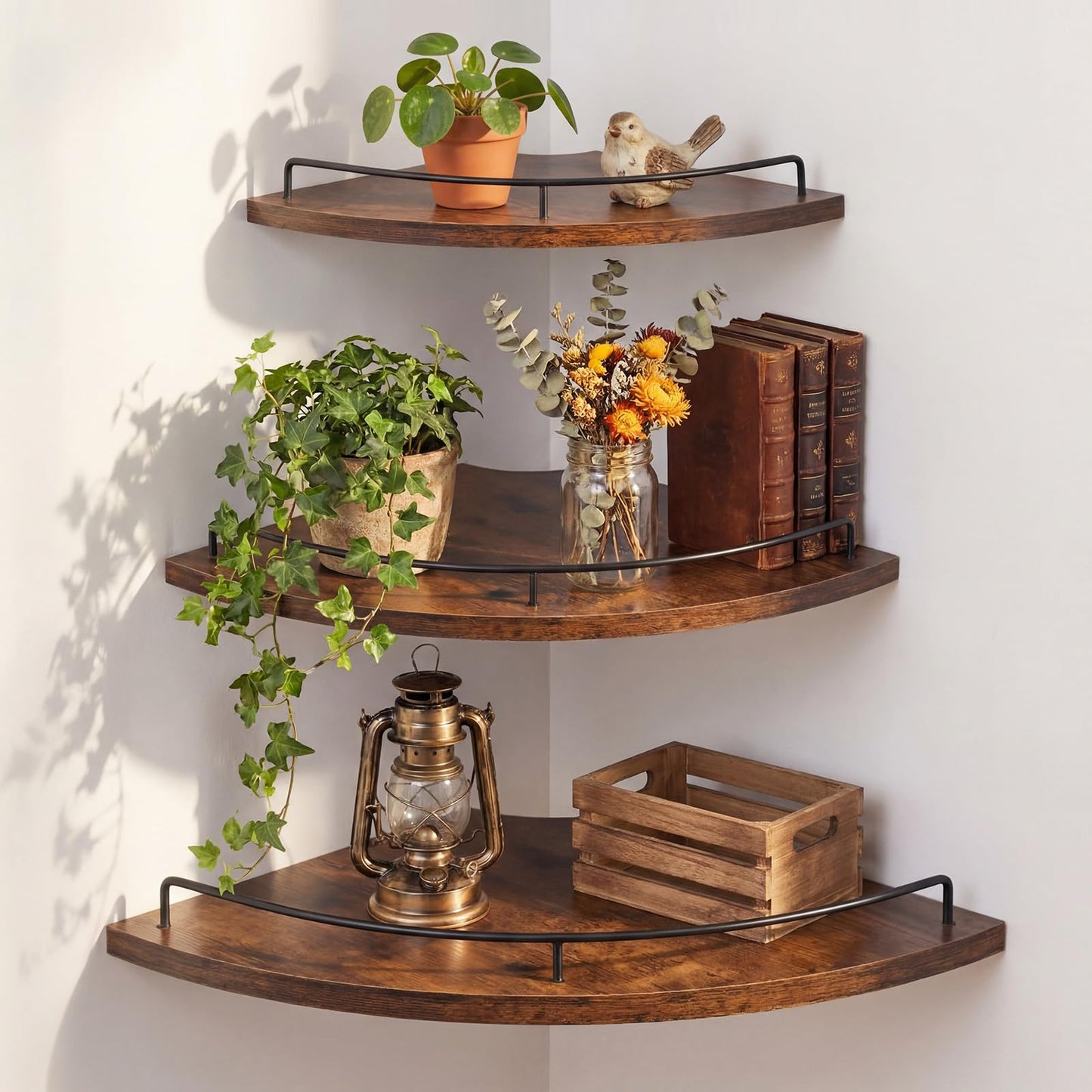Novabright Corner Floating Shelf Set of 3 Rustic Brown Wood 9/10/12 in Corner Shelves Wall Mounted with Guardrail & Cord Hole Hanging Storage Display Shelves for Bedroom Kitchen Living Room Bathroom