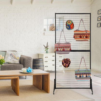 OUDUCK 2 Packs 3' x 6' Grid Wall Panels Standing Wire Grid, Study Display Rack with T-Base Wheels Freestanding Gridwall Panel Tower for Shows, Black