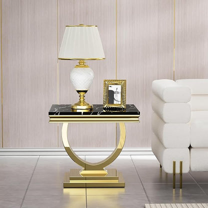 3 Piece Living Room Table Set Include 1 Faux Marble Coffee Table & 2 End Tables, Modern Black Gold Coffee Table Set of 3 with Double O Shape Stainless Steel Pedestal Base