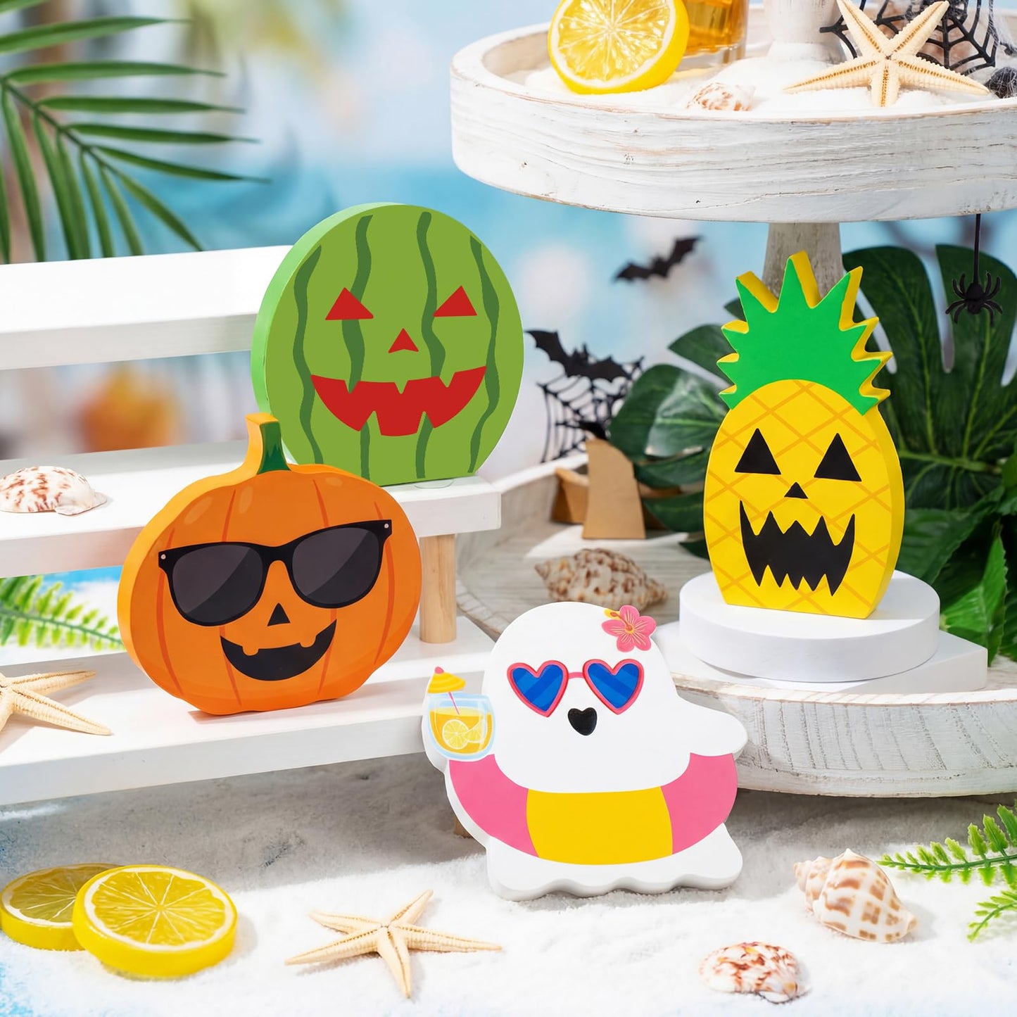 Kathfly 4 Pcs Summer Halloween Tiered Tray Decor Tropical Wooden Table Signs Spring Hawaii Ghost Pumpkin Watermelon Pineapple Decorative Trays for Halloween in Summer Shelf Desk Display Party Gifts