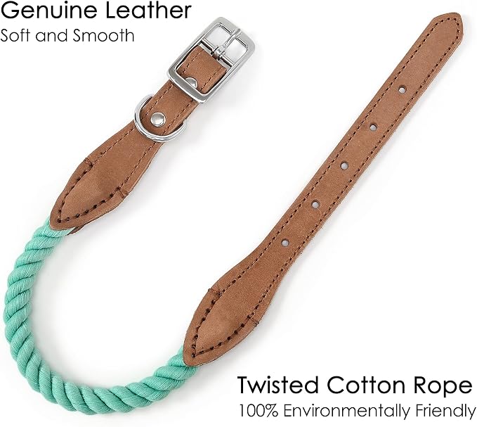 Mile High Life Genuine Leather Dog Collar, Durable Braided Cotton Rope Collar with Metal Pin Buckle for Small Medium Large Dogs (Green, L Neck 17"-21")