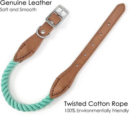 Mile High Life Genuine Leather Dog Collar, Durable Braided Cotton Rope Collar with Metal Pin Buckle for Small Medium Large Dogs (Green, L Neck 17"-21")