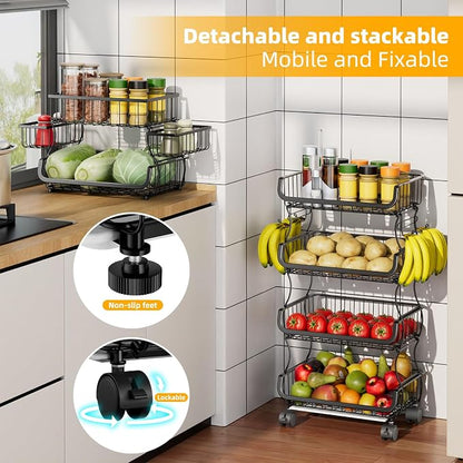 Simple Trending 6 Tier Rolling Cart, Stackable Fruit Vegetable Basket with Wheels and 2 Hanging Basket, Kitchen Storage Metal Wire Basket Stand for Vegetable Bread Snacks, Black